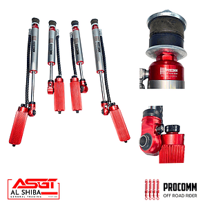 Set of red anodized off-road shock absorbers with black braided lines, arranged in a row with two close-up mount views; brand logos in corners.