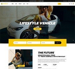 Luxury lifestyle vehicle parked outdoors with a woman standing beside it, showcasing modern automoti.