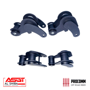 Set of four dark plastic mounting brackets with holes and pins, likely motorcycle chain guides or tensioners, shown against a white background with brand logos.