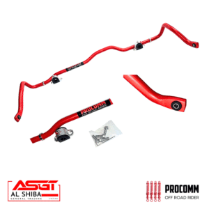 Red off-road rider handlebar kit with clamps, riser, and bolts; ProComm and ASGT Al Shiba branding visible
