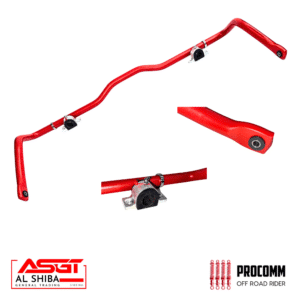 Red aftermarket bike handlebar with bar-end plugs, shown in different angles; includes mounting clamps and branding logos (AL SHIBA, PROCOMM OFF ROAD RIDER).