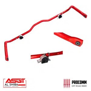 Red aftermarket bike handlebar with bar-end plugs, shown in different angles; includes mounting clamps and branding logos (AL SHIBA, PROCOMM OFF ROAD RIDER).