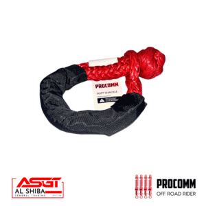 Red braided soft shackle recovery rope loop with black protective sleeve and ProComm tag, used for off-road recovery