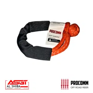 Procomm soft shackle: orange braided rope with black protective sleeve and tag on a white background, logos in corners indicate brand partnerships.
