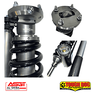 Collage of a heavy-duty off-road suspension component set: coil spring around a shock absorber and top-mMounts, with Tough Dog branding and off-road logos visible below.