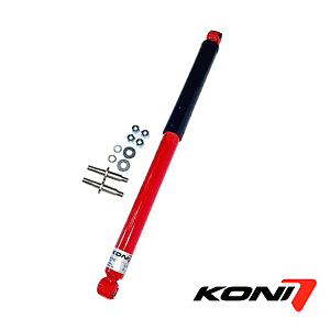 026-1765 - KONI Steering Damper land cruiser 76 78 79 Series - Al Shiba General Trading Red KONI shock absorber with black top, shown alongside mounting bolts and washers; diagonal across white background.