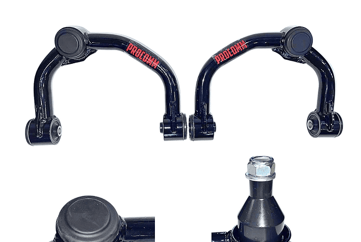 Pair of black Procomm off-road control arms with ball joints, shown with bolt and manufacturer logos (Al Shiba and Procomm).