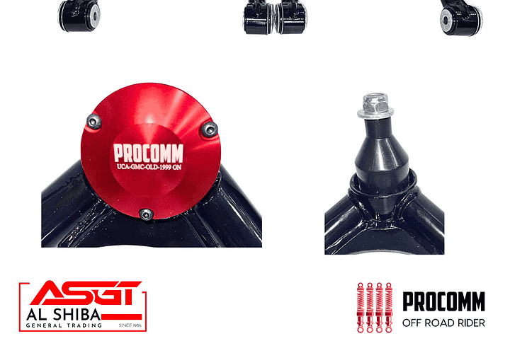 Pair of black control arms with red Procomm caps, shown with close-up cap and mounting detailing on white background; brand logos appear at bottom corners.