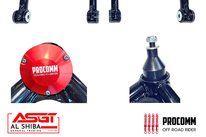Set of black upper control arms with red Procomm end caps, plus close-ups of the red cap and adjustable ball joint; company logos for ASGT Al Shiba and Procomm Off Road Rider appear.