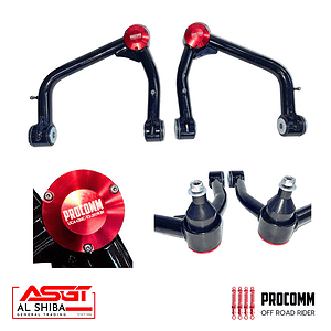 Set of black suspension control arms and ball joints with red Procomm caps, shown with brand logos at bottom corners.