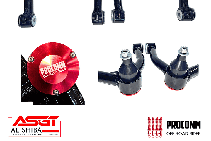 Set of black suspension control arms and ball joints with red Procomm caps, shown with brand logos at bottom corners.