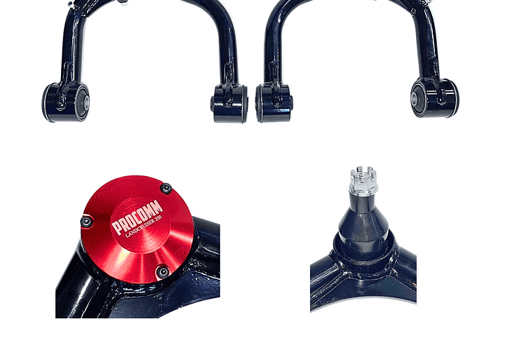 Set of black PROCOMM off-road suspension control arms with red anodized caps; includes close-ups of joint and mounting hub, with AL SHIBA and PROCOMM OFF ROAD RIDER logos.