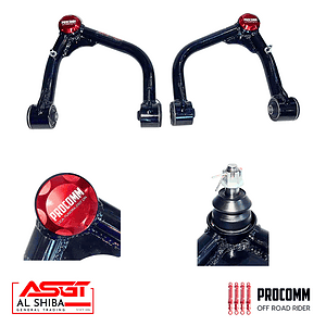 Two black ProComm upper control arms with red caps, plus a separate ball joint and wheel-end pieces; AL SHIBA and ProComm Off Road Rider logos visible.