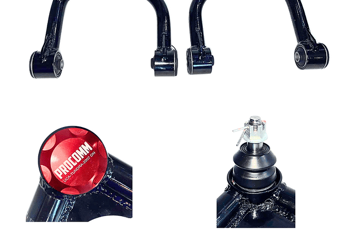 Two black ProComm upper control arms with red caps, plus a separate ball joint and wheel-end pieces; AL SHIBA and ProComm Off Road Rider logos visible.