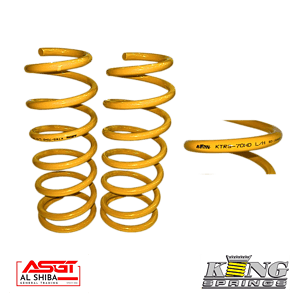 Yellow automotive coil springs: two tall coils and a separated third piece, with King Springs and ASG logos at the bottom corners.