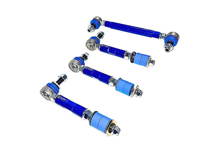 Set of blue adjustable suspension rods with ball joints for off-road vehicles, arranged diagonally.