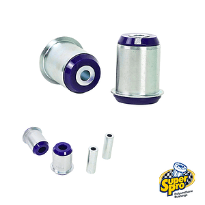 Set of metal polyurethane bushings with purple seals and sleeves (SuperPro branding). Inset shows multiple sizes for suspension linkage.